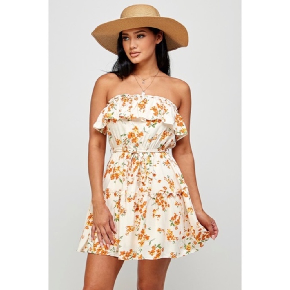 Cream Orange Floral Print Ruffle Trim Strapless Tube Casual Summer Mini Dress - Picture 4 of 6